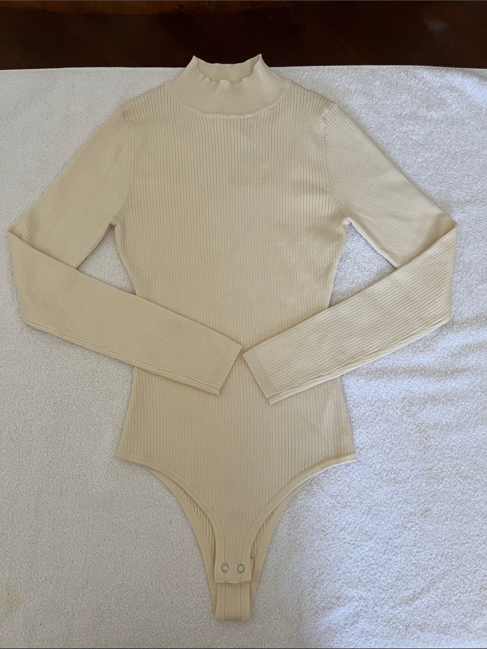 Blu Pepper Ribbed Mock Neck Long Sleeve Bodysuit in Beige-Cream